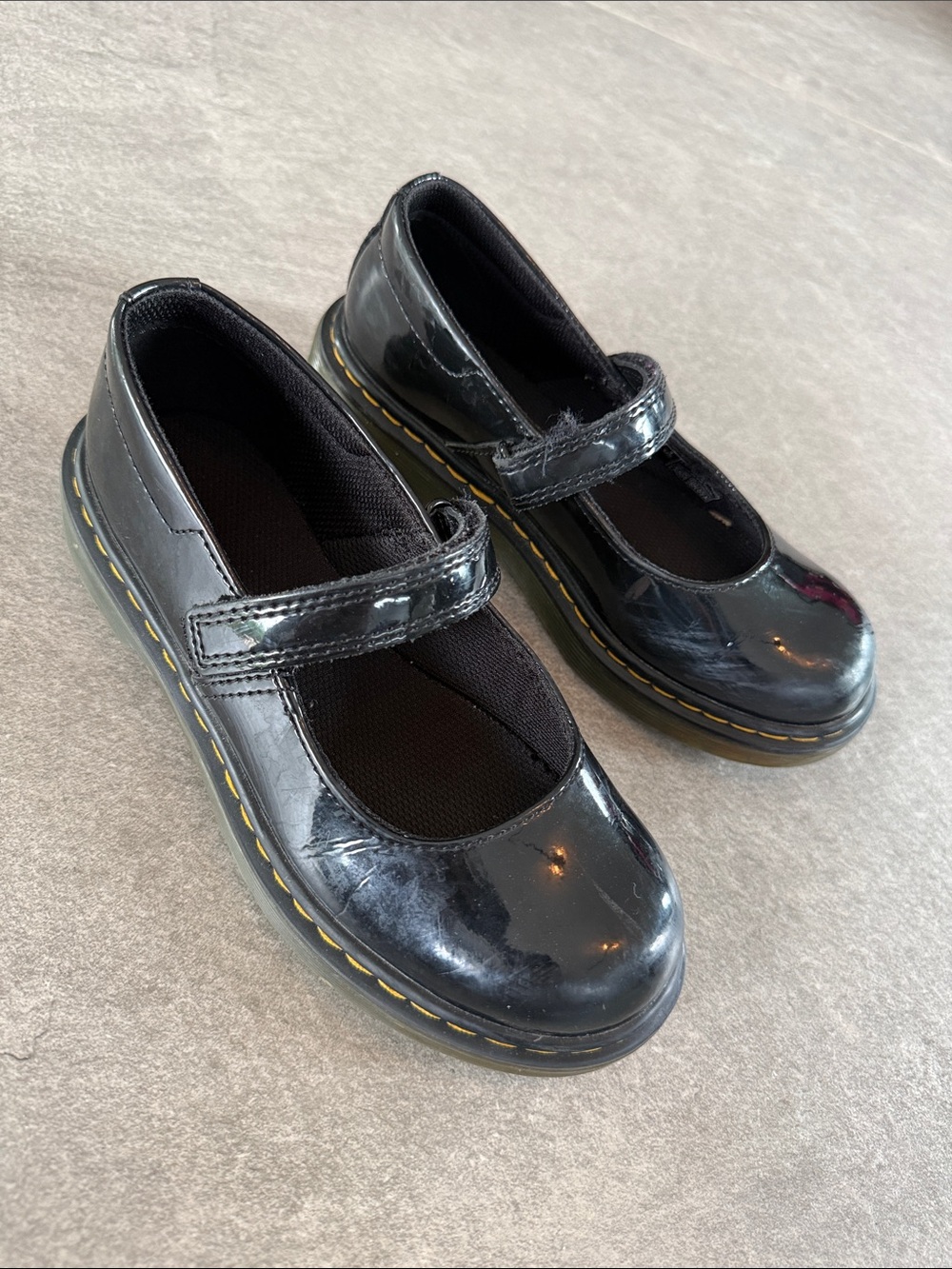 Kids Black Mary Jane Shoes with Yellow Stitching